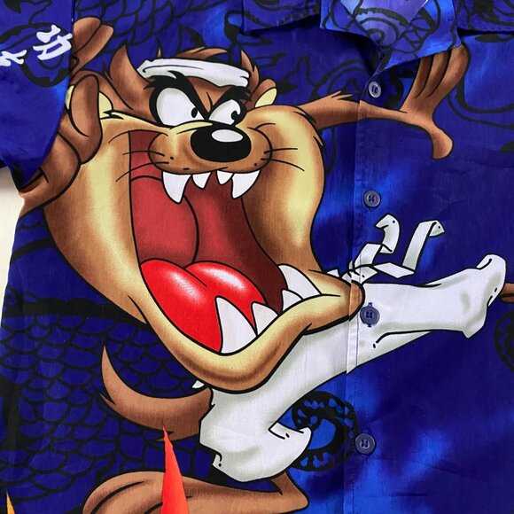 Vintage Y2K Taz Tasmanian Devil Shirt Men's Medium All Over Print Button Down Up - Picture 2 of 9